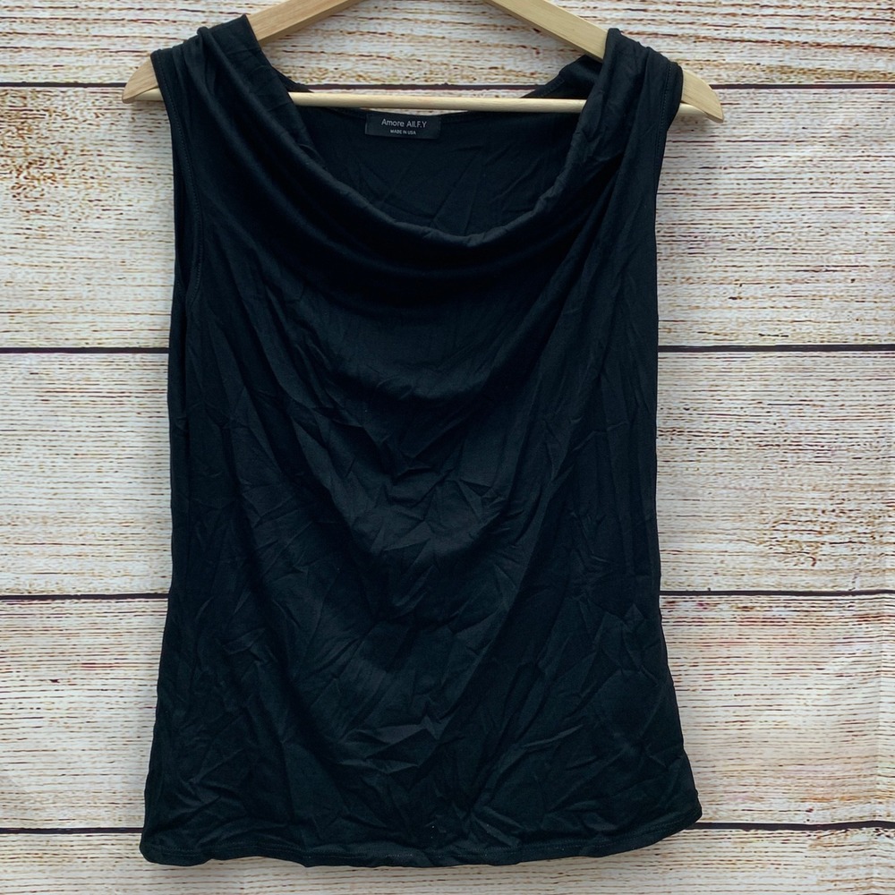 Amore AllFY Black Ruched Cowl Neck Sleeveless Stretch Tank Top Medium